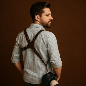 May include: A dark brown leather camera harness with an X-shaped back design. The harness is worn over a light blue and white checkered shirt. A black camera with a white lens is attached to the harness.