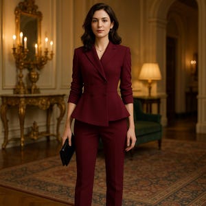 Elegant Designer Formal Evening Wear | Power Dressing Business Attire |  Personalized Tailored Fit | Slim Fit Peplum Blazer & Pants Set