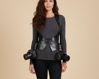 Gilet per fotocamera in vera pelle nera / Imbracatura regolabile per doppia fotocamera / Pettorina per fotografo fatta a mano / Cinghia professionale per fotocamera DSLR