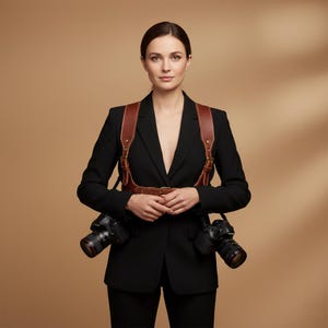 May include: A brown leather camera harness with two attached cameras is worn over a black blazer. The harness has adjustable straps and a belt buckle. The cameras are black with lenses attached. The background is a solid tan colour.