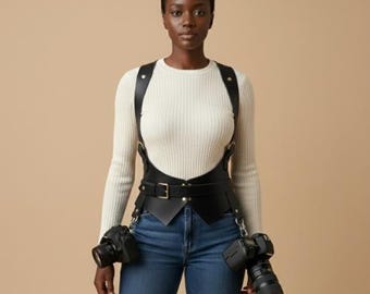 Zwart echt leren cameravest met dubbele schouder | Verstelbare messing gesp DSLR-harnas | Handgemaakt gewatteerd fotograafdraagsysteem