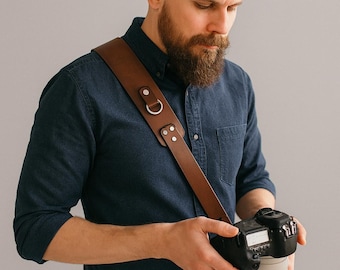 Personalized Brown Leather Camera Strap | Crossbody Sling for DSLR, Adjustable Single Shoulder Strap, Custom Engraved Photographer Gift