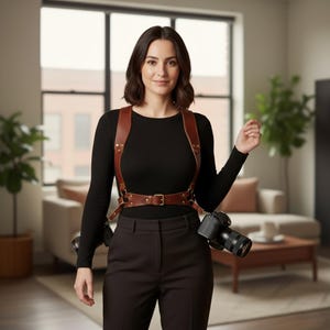May include: A brown leather camera harness with brass fittings. The harness features adjustable straps and a buckle at the waist. Two cameras are attached. The person is wearing a black long-sleeved top and dark brown trousers.