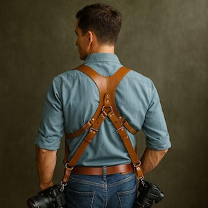 May include: A brown leather camera harness with adjustable straps and metal fixings. The harness is designed to hold two cameras, visible on either side. The photographer is wearing a blue shirt and jeans.