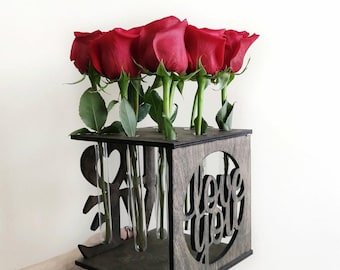 Rustic Wooden Flower Vase with Glass Tubes, Farmhouse Table Decor, Mother’s Day or Valentine’s Gift, Natural Home Decoration
