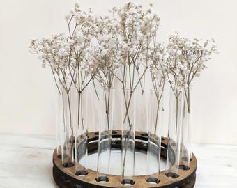Round Wooden Test Tube Vase, Flower Stand with Glass Tubes, Minimalist Table Centerpiece, Modern Home Decor, Handmade Wood Vase