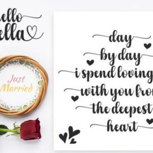 Puede incluir: Imagen rom&aacute;ntica sobre fondo blanco con una rosa blanca y una rosa roja. Un marco redondo de mimbre contiene una tarjeta "Just Married". El texto incluye "hello Chella" y un poema de amor.