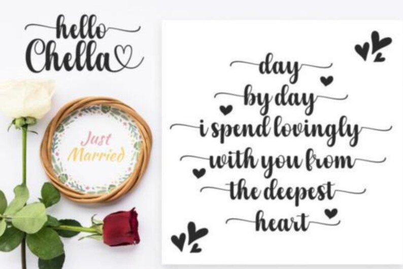 Puede incluir: Imagen rom&aacute;ntica sobre fondo blanco con una rosa blanca y una rosa roja. Un marco redondo de mimbre contiene una tarjeta "Just Married". El texto incluye "hello Chella" y un poema de amor.