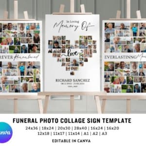 May include: Three white photo collage signs with black text and images. The center sign says "In Loving Memory Of" with a heart made of photos and the text "love". The left sign says "FOREVER in our hearts" and the right sign says "EVERLASTING Memory".