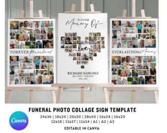 Plantilla de programa de collage de corazón funerario, programa de obituario, programa conmemorativo, programa funerario imprimible, programa funerario plegable, CANVA