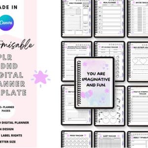 Può includere: Un modello di planner digitale per ADHD, con 40 pagine e un design divertente. La copertina presenta uno sfondo ad acquerello con il testo "You are imaginative and fun." in caratteri viola e blu.
