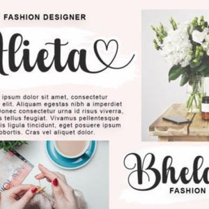 Puede incluir: La imagen presenta los nombres "Alieta" y "Bhela" en escritura cursiva, cada uno con un s&iacute;mbolo de coraz&oacute;n. Tambi&eacute;n est&aacute;n presentes las palabras "Fashion Designer" y "Fashion". Hay un ramo de flores blancas en un jarr&oacute;n y una persona tejiendo.