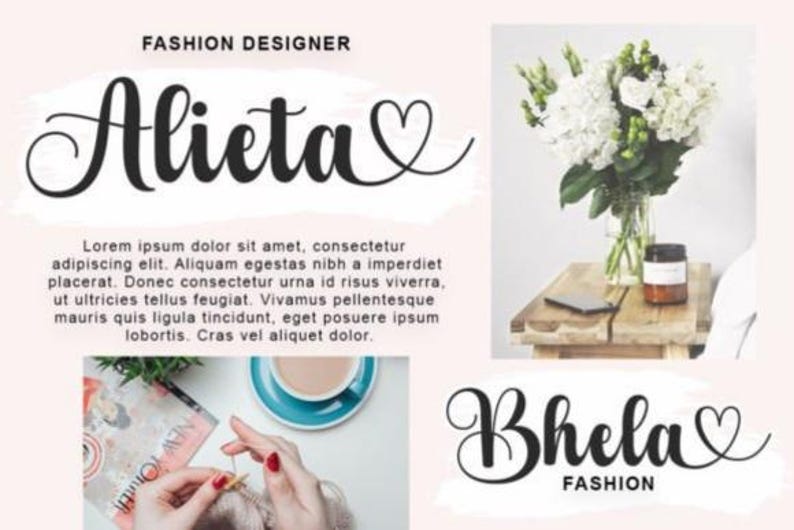 Puede incluir: La imagen presenta los nombres "Alieta" y "Bhela" en escritura cursiva, cada uno con un s&iacute;mbolo de coraz&oacute;n. Tambi&eacute;n est&aacute;n presentes las palabras "Fashion Designer" y "Fashion". Hay un ramo de flores blancas en un jarr&oacute;n y una persona tejiendo.