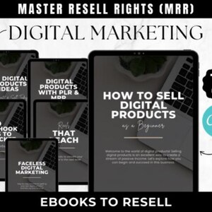 May include: A collection of five digital marketing ebooks with titles like "100 Digital Products Ideas", "200 Video Hook Ideas to Skyrock", "Digital Products with PLR & MDD", "Reels That Reach", and "Faceless Digital Marketing". The ebooks are displayed on a laptop screen with a plant in the background. The largest ebook is titled "How to Sell Digital Products as a Beginner" and has 112 pages. The text "Ebooks to Resell" is displayed at the bottom of the image.