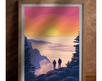 May include: Two figures stand on a rocky cliff overlooking a valley filled with fog. The sky is a vibrant orange and pink, with a bright yellow sun setting in the distance. The scene is framed by a wooden picture frame.