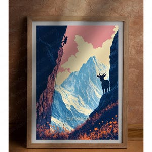 Vintage National Park-poster Cliffhanger • Dramatische rotsklimkunst • WPA-stijl print • Mountain Goat & Climber • Vintage Art woordspeling, digitaal