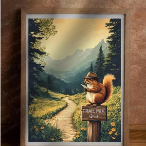 Trail Mix vintage poster, grillige eekhoorn wandelkunst, stijl nationaal park jaren 1930, digitale download, vintage muurkunst, woordspeling eekhoorn, woordspeling