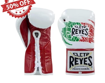 May include: A pair of Cleto Reyes professional boxing gloves featuring a white, red, and green color scheme. The gloves have a lace-up closure, white laces, and the Cleto Reyes logo printed on the wrist and back of the hand. The text reads 50% OFF.