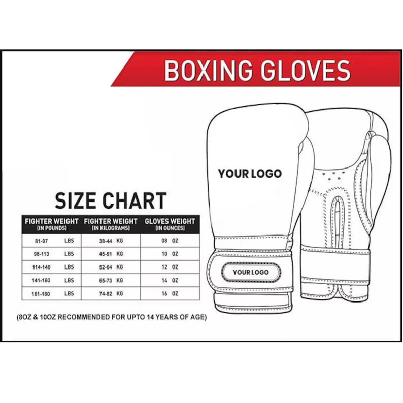 May include: White boxing gloves with a size chart. The chart lists fighter weight in pounds and kilograms, along with glove weight in ounces. The text "BOXING GLOVES" is at the top. The gloves have space for a logo.