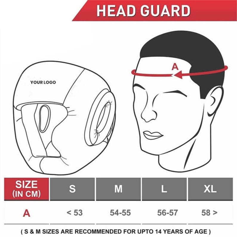 May include: An illustration of a head guard with size measurements in centimeters. The text "HEAD GUARD" is at the top. The sizes are S, M, L, and XL, with corresponding head circumference measurements. The text "YOUR LOGO" is also present.
