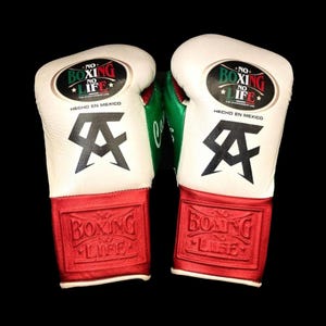 K&ouml;nnte beinhalten: Paar Boxhandschuhe mit wei&szlig;en, roten und gr&uuml;nen Akzenten. Die Handschuhe zeigen den Text "NO BOXING NO LIFE" und "HECHO EN MEXICO". Auf den Handschuhen ist auch ein schwarzes Logo mit den Buchstaben "AA" zu sehen.