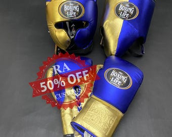 Ensemble de gants de boxe personnalisés « Bleu et Or : Pas de boxe, pas de vie », cadeau de Noël pour lui, cadeau pour papa, cadeau de Saint-Valentin pour homme, le cadeau idéal.