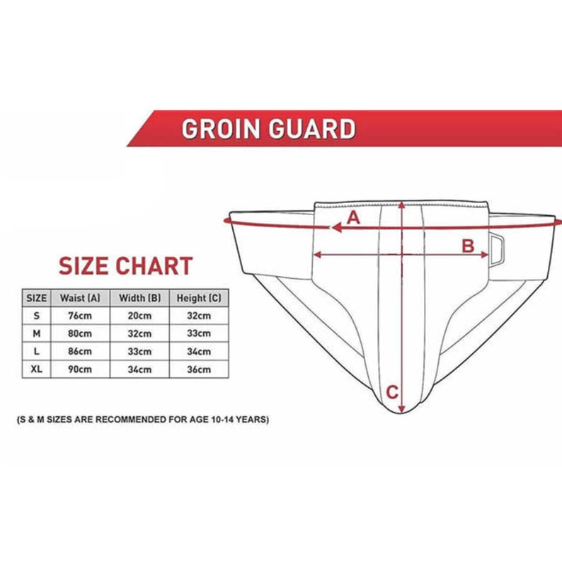 May include: White groin guard with a size chart. The chart shows waist, width, and height measurements in centimeters for sizes S, M, L, and XL. The text "GROIN GUARD" is in a red banner. S and M sizes are recommended for ages 10-14.