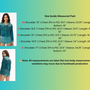 May include: A teal suede jacket with fringe detailing and matching shorts. The image includes a size guide with measurements in inches for XS, S, M, L, and XL sizes. The jacket has long sleeves and a button-up front.