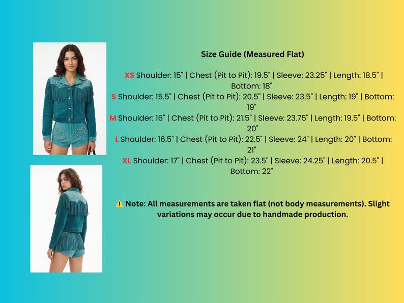 May include: A teal suede jacket with fringe detailing and matching shorts. The image includes a size guide with measurements in inches for XS, S, M, L, and XL sizes. The jacket has long sleeves and a button-up front.