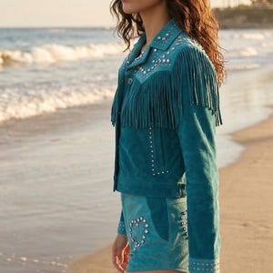 Two Tone Turquoise Suede Jacket & Shorts Set Studded Fringe Western Heart Rhinestone image 6