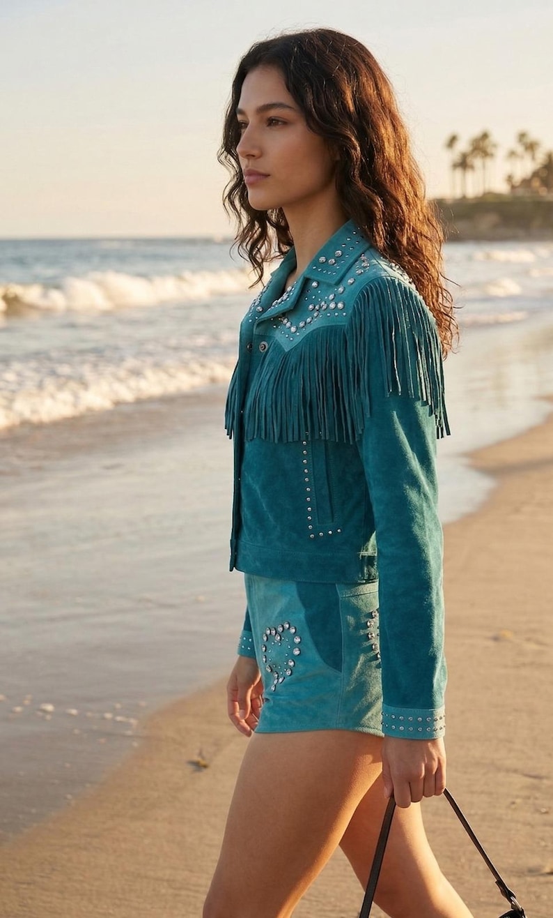 Two Tone Turquoise Suede Jacket & Shorts Set Studded Fringe Western Heart Rhinestone image 6