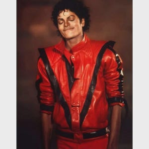 May include: A red leather jacket with black stripes and accents. The jacket has a high collar and a button-up front. The person in the image is wearing a matching red outfit. The image is a portrait.