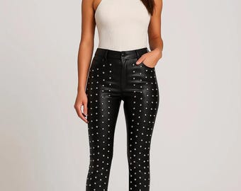 Studded Faux Leather Pants | Gothic Punk Rock Rivet Trousers | with Same Quality &Design Belt