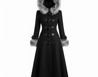 Black Wool Full Length Maxi Coat for Women – Vintage Gothic Victorian Hooded Swing Wool Coat, Warm Cozy Winter Overcoat Gift for Her