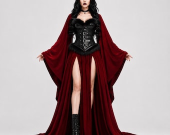 May include: A floor-length deep red velvet gown with long flowing sleeves and two high front leg slits. The bodice is a black corset featuring multiple silver buckles and black faux fur trim at the neckline and hem. A black crown is worn on the head.