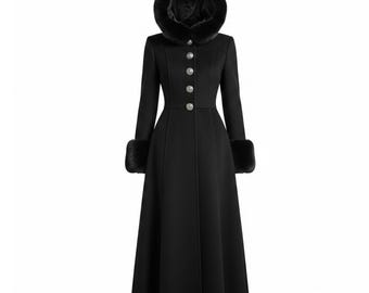 Casaco maxi de luxo em lã preta com capuz e punhos em pele sintética | Casaco de inverno vitoriano gótico para mulheres, sobretudo longo e elegante em lã