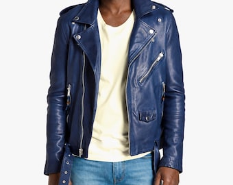 Mens Blue Lambskin Leather Biker Jacket, Stylish Motorcycle Coat (Tax & Duty Paid)
