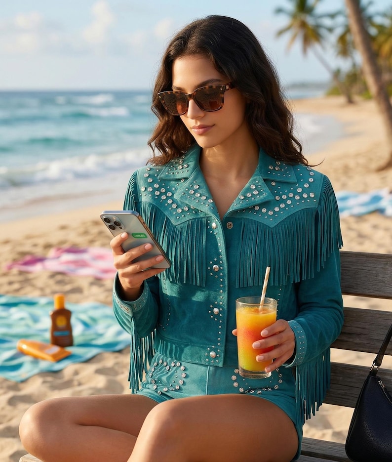 May include: A turquoise suede jacket and shorts set with fringe and rhinestone embellishments. The jacket has a collared neckline and button closures. The shorts have matching rhinestone details. The person is wearing sunglasses and holding a smartphone and a glass of orange juice.