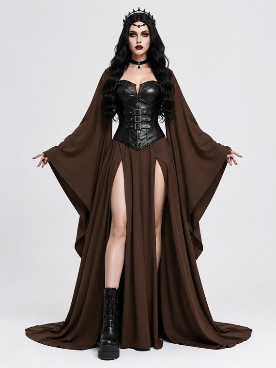 Brown Gothic Hooded Cloak Dress, Black Leather Corset Gown, Witch Costume, Medieval Vampire Dress, Dark Fantasy Halloween Outfit