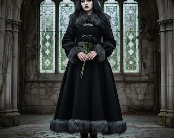 Luxury Gothic Black Wool Maxi Dress with Faux Fur Trim | Victorian Movie Inspired Coat Dress | Dark Academia Winter Gown for Women