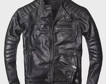 Mens Sheepskin Leather Cafe Racer Biker Jacket