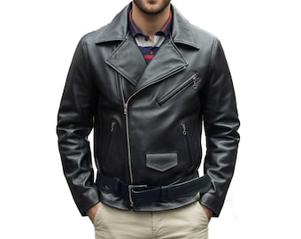 May include: Black leather motorcycle jacket with an asymmetrical zipper closure, a notched collar, and a belt at the waist. The jacket has multiple zippered pockets and a small flap pocket. The model is wearing a plaid shirt and khaki pants.