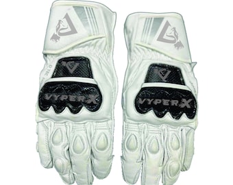 Guantes de moto Vyperx de piel blanca para competición, con certificación CE, piel de vacuno