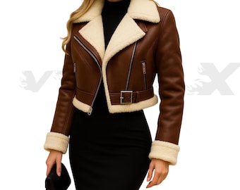 Women's Short Leather Motorcycle Jacket with Cream Faux Fur Collar & Cuffs