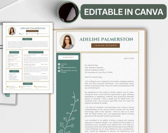 Könnte beinhalten: Eine grüne und goldene Lebenslaufvorlage mit einem floralen Design. Die Vorlage ist in Canva bearbeitbar. Der Text auf dem Lebenslauf lautet "Adeline Palmerston, Modedesignerin".