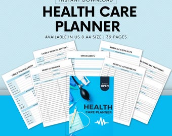 May include: A printable health care planner with 39 pages. The planner includes sections for family medical history, medical history, specialists, medical contacts, medical appointments, and healthcare providers. The planner is available in US and A4 size.