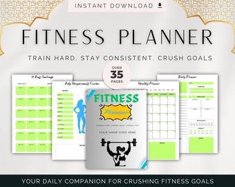 May include: A printable fitness planner with over 35 pages. The cover features a green, blue, and yellow design with the text "Fitness Planner" and a weightlifter silhouette. The planner includes sections for a 30-day challenge, body measurements, a monthly planner, and a daily planner.
