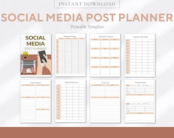 May include: Printable social media post planner template with sections for weekly, monthly, yearly, daily, to-do list, and post review. The template has a light brown background with a light brown and white grid pattern.