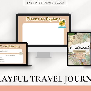 May include: A digital printable travel journal set with a travel itinerary, packing list, and a travel journal page with a map. The journal pages are designed with a playful, colorful aesthetic.