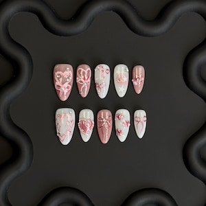 Uñas Postizas Kawaii Coquette 3D | Lazos Rosa Pastel, Estrellas y Perlas | Press On Nails Reutilizables | Manicura Tierna Y2K